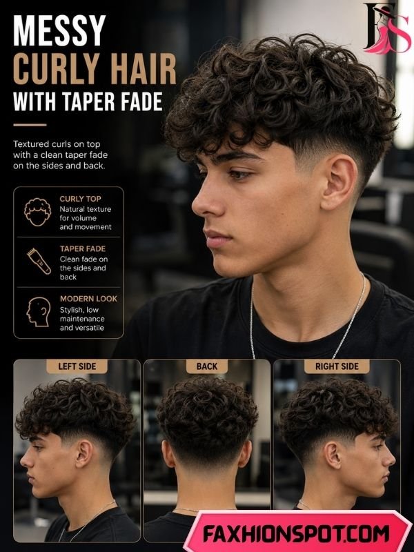 Messy Curly Hair with Taper Fade