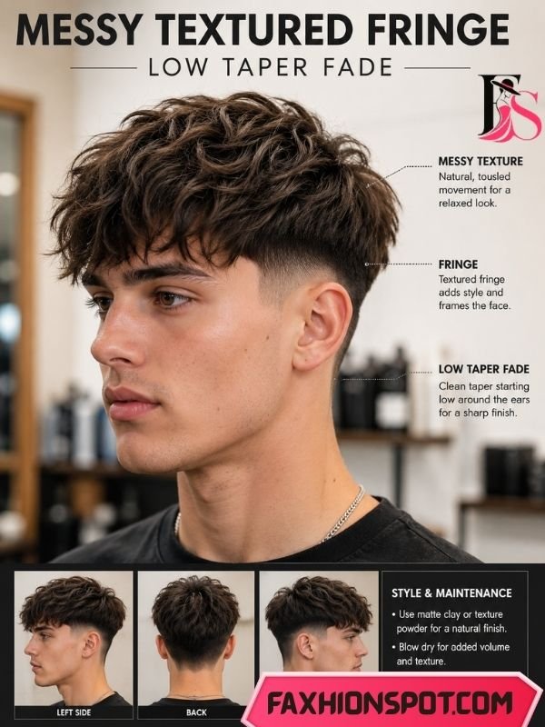 Messy Textured Fringe Low Taper Fade