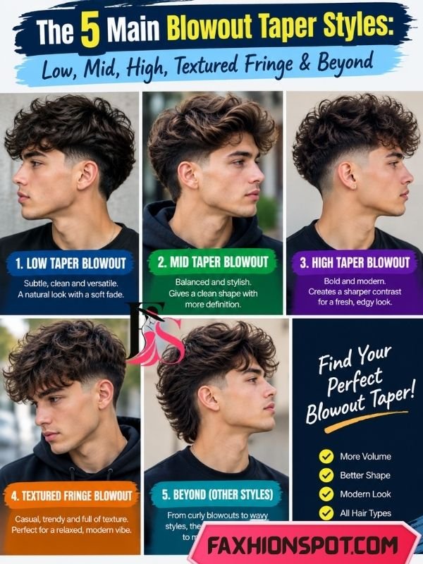 The 5 Main Blowout Taper Styles Low, Mid, High, Textured Fringe & Beyond